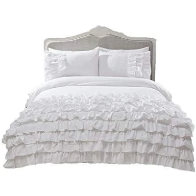 Image of Luxury Flamenco Embellished Ruffles Frills Duvet Bedding Quilt Cover Set and Pillowcase Size Single, Double &amp; King (White, SINGLE)