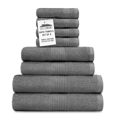 Image of CityComfort Towel Set of 8, 100% Cotton 550GSM Absorbent Bathroom Towels Various Sizes (Grey)