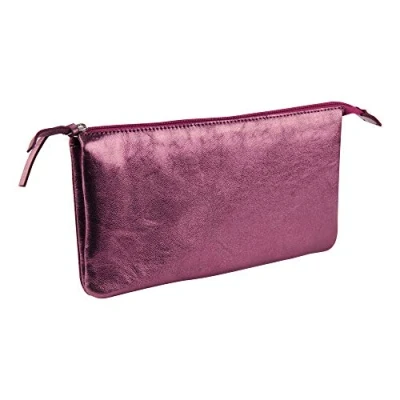 Image of Clairefontaine Ref 400018C Cuirisé&#039; Leather Large Pencil Case With 2 Compartments 22 x 11cm, Made From Genuine Lambskin Leather, Metal Zip Puller Cherry