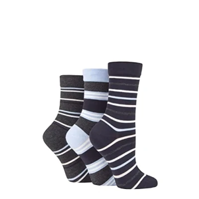 Image of SockShop Ladies Gentle Bamboo Socks with Smooth Toe Seams In Plains and Stripes Pack of 3 (Blue Stripes, 4 8)