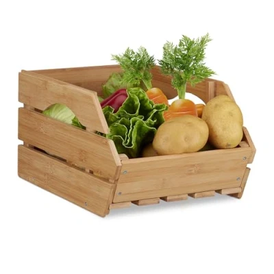 Image of Relaxdays Versatile Bamboo Stacking Crate, Wooden Storage Box, Sturdy, Shabby Chic, HxWxD: 20.5x27x38 cm, Natural