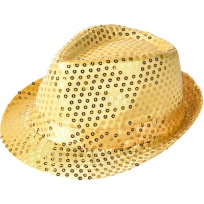 Image of FASHIONISM Mens Trilby Hat Sequin Fedora 1920&#039;s Gangster Fancy Dress Unisex Hi Hop Gold