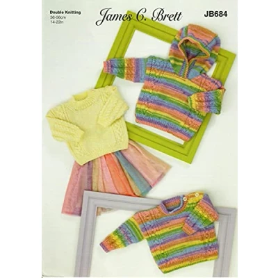 Image of James Brett Double Knit Knitting Pattern Baby Cable Sweater &amp; Hooded Jumper DK (JB684)