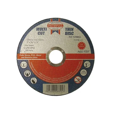 Image of Faithfull FAI12510MUL Extra Thin (1 mm) Fast Cut Cutting Discs 125 mm x 1 22 (5 Inch) 10 Pack with Storage Tin