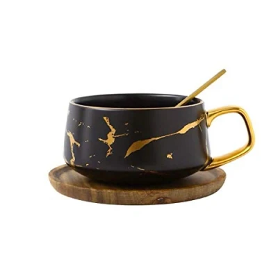 Image of Eplze YBK Tech Porcelain Tea Cup Coffee Mug Set for Afternoon Marble Pattern (Black, Short 300ml + Wood Saucer)