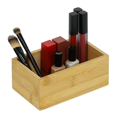 Image of Relaxdays Bamboo Organiser Box, Narrow, Long, Storage for Kitchen, Bathroom, Office, HxWxD: 6.5 x 16.5 10 cm, Natural