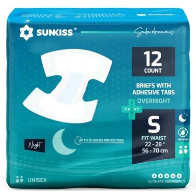 Image of SUNKISS TrustPlus Overnight Adult Diapers with Ultimate Absorbency, Unisex Incontinence Briefs Tabs for Men and Women, Odor Control, Small, 12 Count