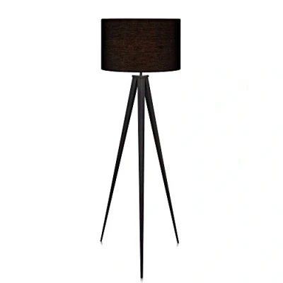 Image of Teamson Home Romanza LED Tripod Standing Floor Lamp with Drum Shade, Modern Lighting in Black for Living Room, Bedroom or Dining Room
