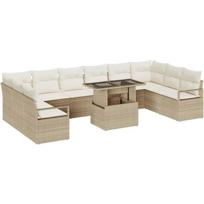 Image of vidaXL 11 Piece Garden Sofa Set with Cushions Beige Poly Rattan