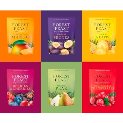 Image of Forest Feast Dried Fruit 6 Different Flavours. Contains A Range of Snack Packs Including Award Winning Mango. Vegan Healthy That Is High In Fibre And No Added Sugar.