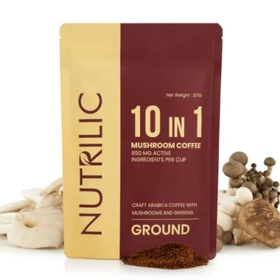 Image of Nutrilic 10 Mushroom Ground Coffee Arabica Blend with Lions Mane, Chaga, Reishi, Shiitake, Cordyceps, Ginseng, Tremella, Golden and Maitake