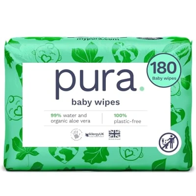 Image of Pura Eco Friendly Baby Water Wipes 3 x 60 per Pack, (180 Wet Wipes) 100% Plastic Free, 99% Water, Biodegradable, Compostable, Vegan Monthly Suitable for Sensitive &amp; Eczema Prone Skin
