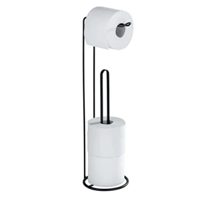 Image of WENKO Lugano 2 in 1 Toilet Paper Holder with Spare Roll Storage for up to 3 Rolls Matt Black Painted Steel Diameter 15.5 x 54 cm