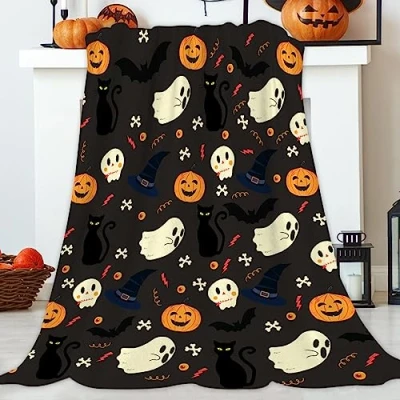 Image of JOOCAR Flannel Throw Blanket 150x200 cm, Halloween Pumpkin Ghost Black Bat Spooky Witch Hat Cats Cozy and Soft Plush Warm Blankets for Bed Couch Living Room Sofa Chair