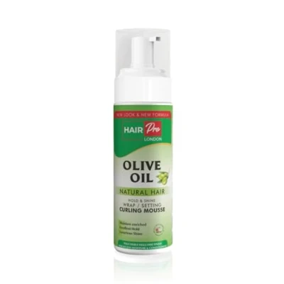 Image of HAIRPRO OLIVE OIL HOLD &amp; SHINE WRAP SET MOUSSE INFUSED WITH COCONUT 207ml