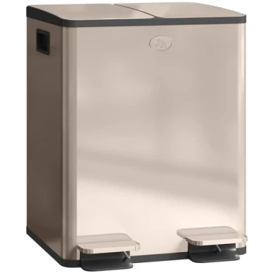 Image of HOMCOM Dual Kitchen Bin, 2 x 20L Pedal Stainless Steel Double Rubbish Bin with Soft Close Lid, Removable Inner Buckets, Fingerprint Proof for Recycling and Waste, Gold Tone