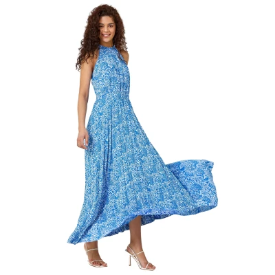 Image of Roman Originals Halterneck Pleated Dress for Women UK Ladies Maxi Midi Sleeveless Formal Wedding Guest Bridemaids Cocktail Party Special Occasion Ascot Races Going Out Evening Soft Blue Size 20