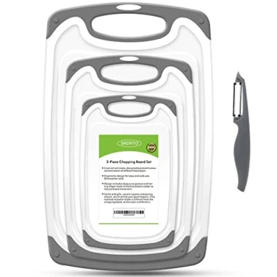 Image of SKERITO Chopping Board Set, BPA Free Plastic Kitchen Cutting Boards with Non Slip Feet and Deep Drip Juice Groove, Set of 3, Gray