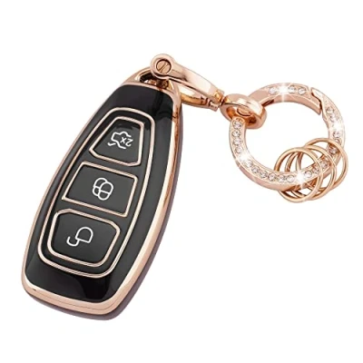 Image of Koaudb Car Key TPU Protector Fit for Ford Fiesta Focus C Max Galaxy B Grand Kuga Mondeo S 3 Buttons Keyless Fob Case with Keychain Black Gold (R Frd B)