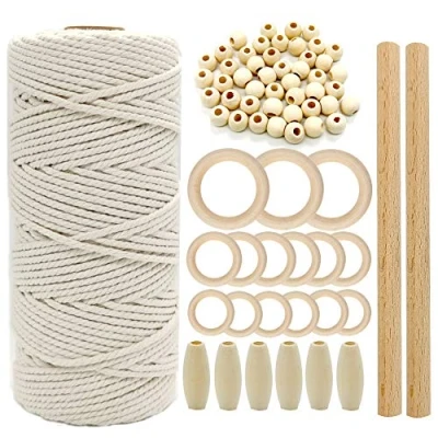 Image of suo long Mamcrame Kit for Adults Macrame Plant Hanger Kits Beginners with Instruction 328 feet Cord 3mm, Wooden Beads,Wood Sticks,Rings Starter Home Room Decor