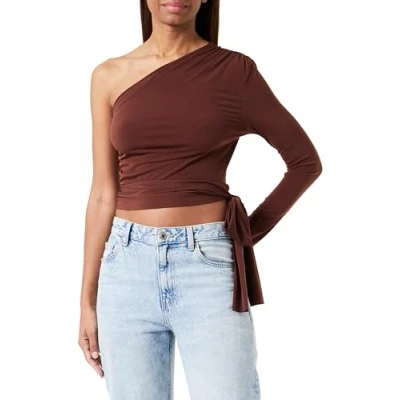 Image of Trendyol Women&#039;s Straight Long Sleeve Slim Blouse, Brown, XL