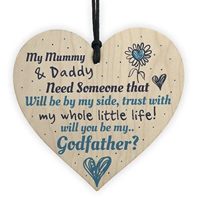 Image of RED OCEAN Will You Be My Godfather Wooden Heart Plaque Goddaughter Godson Christening Asking Gifts For Him