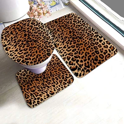 Image of RedBeans Non Slip Bath Mat 3 Piece Flannel Bathroom Rug Set,Sexy Leopard Print Soft Pedestal Anti Shower Carpet Toilet Cover Set