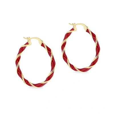 Image of Tuscany Silver Women&#039;s Sterling Yellow Gold Plated 31mm Red Enamel Large Twister Hoop Creole Earrings
