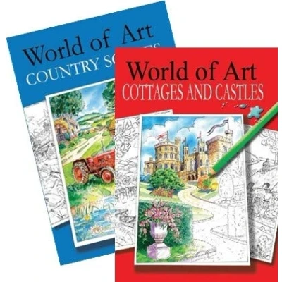 Image of A4 Adult Stress Relieving Colouring Books x2, World of Art Cottages &amp; Castles and Country Scenes