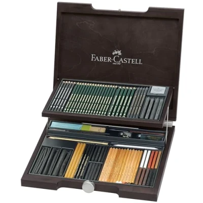 Image of Faber Castell Pitt Monochrome Wooden Case Accessories Gift Kit