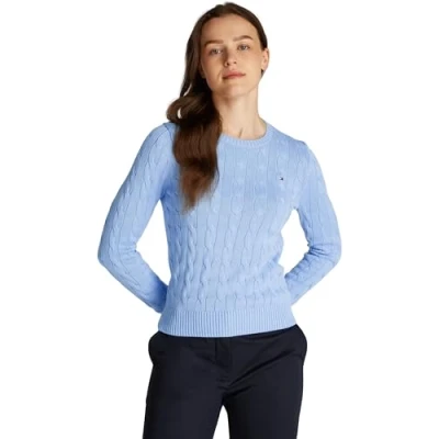 Image of Tommy Hilfiger Women’s Cable Knit Round Neck Cotton Jumper, Blue (Vessel Blue), XL