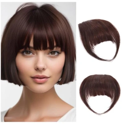 Image of Hair Clip in French Human Bangs Pieces for Women Fringe Extensions with Temples Party and Daily Wear（French Bangs,Dark Brown）
