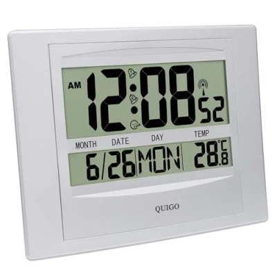 Image of QUIGO Digital Wall Clock Radio Controlled Alarm Large Display Battery Operated Bedside Desk Bedroom Office Silver…