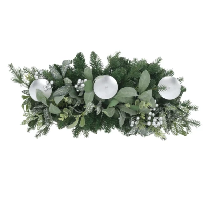 Image of Mr Crimbo Christmas Table Centrepiece 3 Candle Holders Silver Berries Artificial Green Foliage