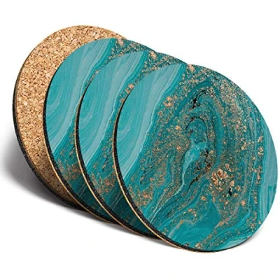 Image of Destination Vinyl ltd 4 x Round MDF Turquoise Marble Effect Drink Glossy Coasters Teal Gold Ink Art #15196