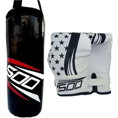 Image of 2ft Unfilled Boxing Punch Bag with Kids Junior Gloves, for Youth MMA, Martial Art Thai Training 2oz Gloves Punching Mitts MMA Kickboxing Karate Home Gym (Black/White)