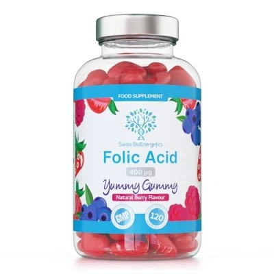 Image of Folic Acid Gummies 400μg, 120 Natural Berry Flavoured &amp; Vegan High Strength Vitamin B9 Pregnancy Support Prenatal No Artificial Sweeteners or Flavours UK Made