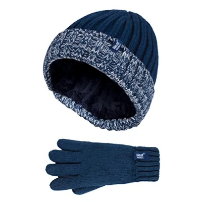 Image of HEAT HOLDERS Children Boys Winter Warm Fleece Lined Insulated Knit Turn Over Cuff Ribbed Hat and Gloves Set (7 10 Years, NS1P9710)