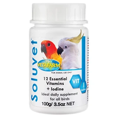 Image of Vetafarm Soluvet D 100g Bird Powdered vitamin supplement FOR use in water or added to foods GREAT BIRDS LIVING INDOORS