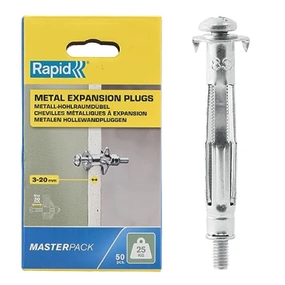 Image of Rapid Hollow Wall Anchors, Pack of 50 Heavy Duty Metal Plasterboard Fixings for 3 20 mm Thickness, 25 kg Load, Cavity Fixings, Plugs, &amp; Chipboard Plugs (5001562)