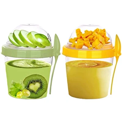 Image of VL Yogurt Cup &amp; Spoon 500Ml Reusable Breakfast Pot Muesli With Lid Cereal Snack Overnight Oats Dishwasher Safe Lunch Box Oatmeal Jars Travel Meal Prep Food Container (Set of 2 Green, Yellow)