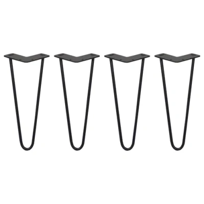 Image of 4 x Hairpin Legs/Hair Pin Legs Set SkiSki Furniture Desk Bench Chair Table 12&quot; 2 Prong 10mm Black Steel &amp; Protector Feet