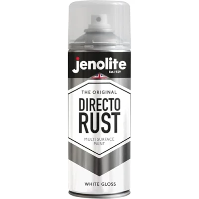 Image of JENOLITE Directorust Gloss Spray Paint WHITE 400ml Direct To Rust For Metal Multi Surface Wood, Metal, Plastic, Ceramic RAL 9016