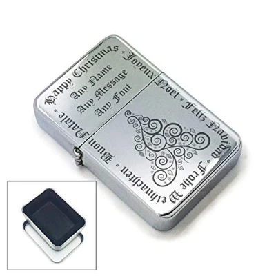 Image of Personalised Engraved Lighter with Christmas Tree Design, Metal Tin Gift Box, Personalise Any Message