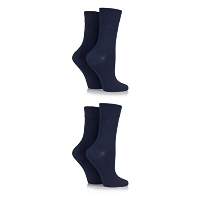 Image of Elle Ladies Bamboo Fibre Socks Plain, Striped &amp; Patterned Casual Day to in a Multipack of 4 Size 8 Navy