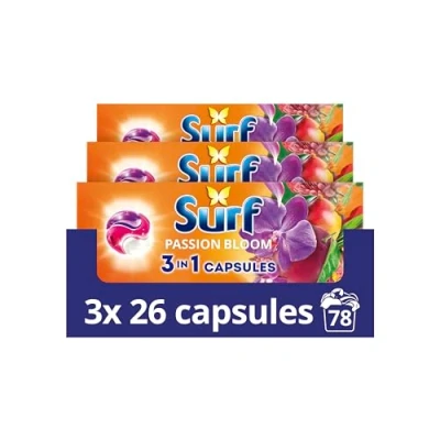 Image of Surf 3 in 1 Passion Bloom Laundry Washing Detergent Capsules 78 washes (3x 26 capsules) joy infused fragrance with natural essential oil lasting up to 12 hours wear for brilliantly clean results