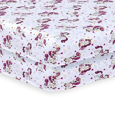 Image of Indus Textiles 2 Pack Cot Bed Fitted Sheets Easy Care Soft and Dureable, Unicorn 70 x 140 cm