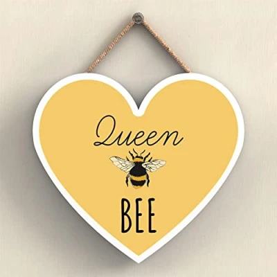 Image of Global Designs Queen Bee Yellow Themed Decorative Wooden Heart Shaped Hanging Plaque
