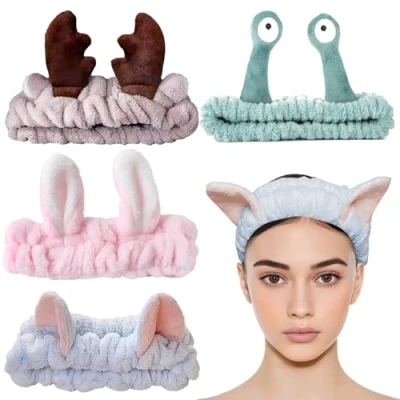 Image of EULAPGOE Skincare Headband, 4 Pcs Face Wash Headband,Bunny Ears Hair Bands, Snail Antler Cat Headband for Women Girls, Washing Shower Sports Beauty