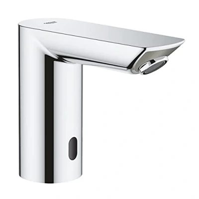 Image of GROHE Bau Cosmopolitan E Infrared Sensor Touchless Basin Mixer Tap without Mixing Device (Water Saving Technology, Battery Powered, 7 Pre Set Programs, Tails 3/8 Inch), Size 123 mm, Chrome, 36452000